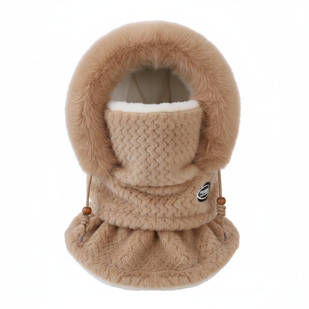 Autumn and Winter Women Thermal Plush Hat Hood Scarf and Mask Ear Protection Windproof Thick Design for Riding Outdoor