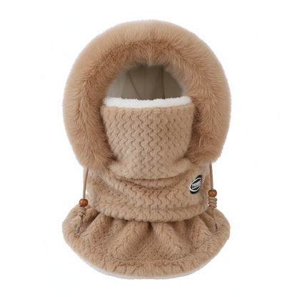 Autumn and Winter Women Thermal Plush Hat Hood Scarf and Mask Ear Protection Windproof Thick Design for Riding Outdoor